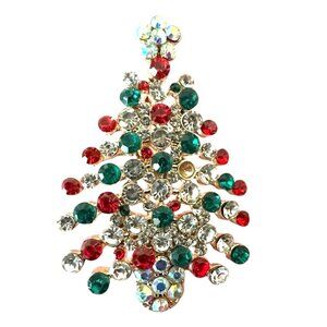 Rhinestone Christmas Tree  Brooch Pin New Aurora Borealis Red Green Flow…